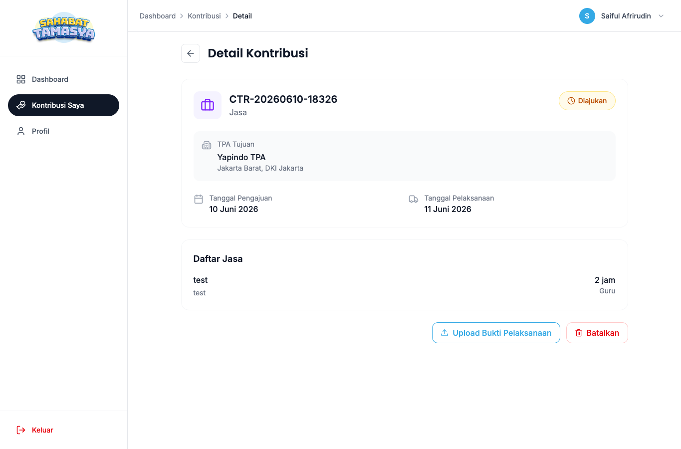 Detail kontribusi jasa dengan tombol upload bukti pelaksanaan