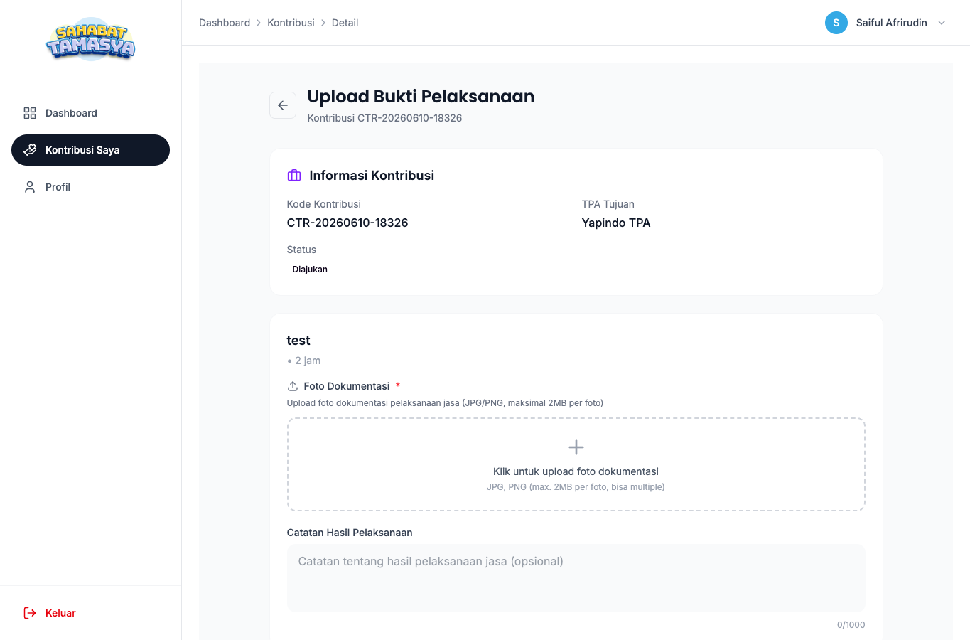 Form upload bukti pelaksanaan jasa